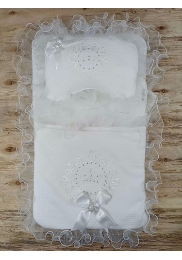 Yenidoğan Bal Peteği Taç Nakışlı Kundaklı Trilüks 3lü Alt Açma Seti Ekru Ekru