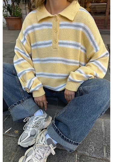 Sarı Polo Yaka Çizgili Kadın Triko Kazak Mg2469 Sarı