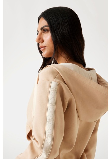 Kadın Scuba Fermuarlı Kapüşonlu Sweatshirt - Krem Krem