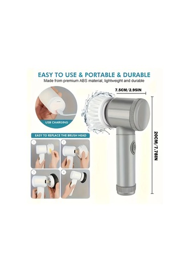 Fochsia Wireless Elektrikli Döner Temizleyici Grey Usb Şarjlı Değiştirilebilir Fırça Başlıkları 6 Farklı Fırça Banyo Mutfak Araba Cam