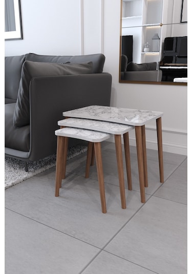 Zigon Sehpa & Yan Sehpa 3'Lü Ahşap Ayaklı Sehpa - Beyaz Mermer