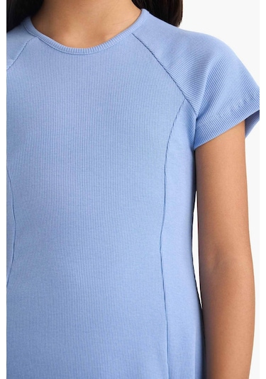 DeFacto Kız Çocuk Bisiklet Yaka A Kesim Basic Düz Fitilli Kaşkorse Kısa Kollu Yazlık Elbise E5801A825SMBE113