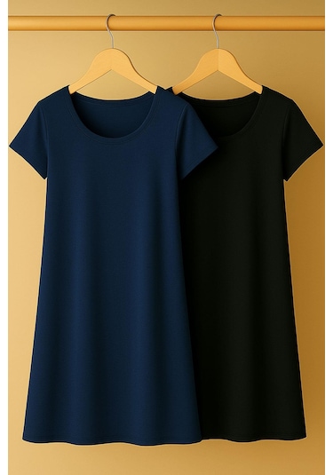 2 Adet Dökümlü Rahat Kalıp Günlük Penye Kumaş Elbise Siyah - Çok Renkli