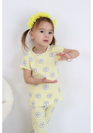 Kız Çocuk Çiçek Baskılı Raporlu Kumaş Basic Alt Üst İkili Takım 001
