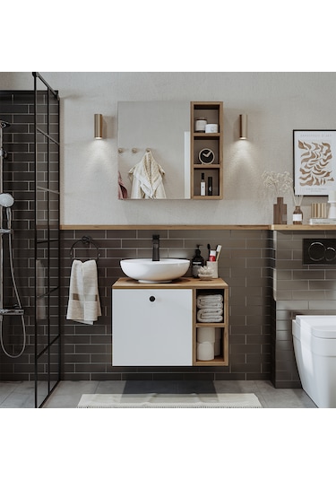 Lotus Lavabolu Mdf 65 Cm Banyo Dolabı + Aynalı Dolap Atlantik Çam - Beyaz
