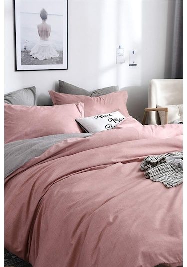 Alla Turca Tek Kişilik Ranforce Çift Taraflı Nevresim Seti - Çarşafsız Pudra/gri