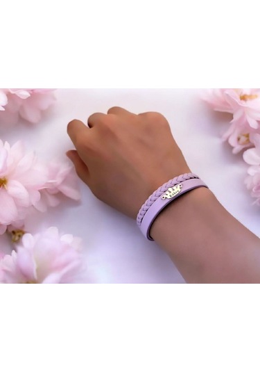 Archin Kübra İsmine Özel 14 Ayar Altın Plakalı Doğal Mor Derili Taç Figürlü Hediye Bileklik-637isim Kübra