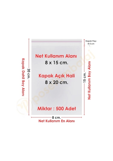 8x15+5 Cm. 8x20 500 Adet Şeffaf Bantlı Yapışkanlı Opp Poşet