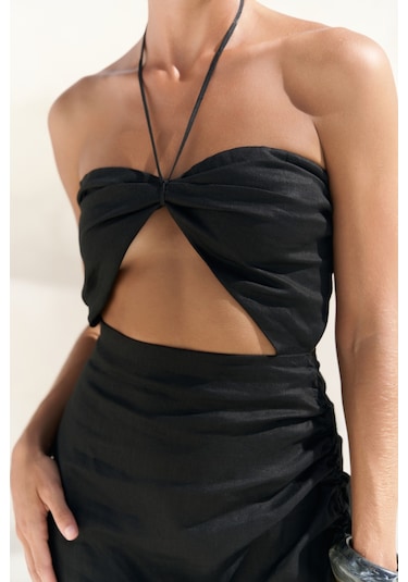 Abrossa Boyundan Bağcıklı Asimetrik Siyah Keten Elbise siyah