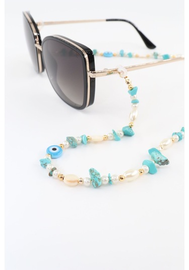 Boncuklu Gözlük İpi. Gözlük Zinciri. Tasarım İncili Doğal Taşlı. Gözlük İpi. Gözlük İpi Askısı. Beyaz - Mavi