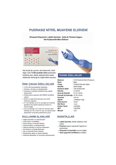 Pudrasız Nitril Muayene Eldiveni Kimyasal Dayanımlı Lateks İçermez Gıdaya Uygun Tek Kullanımlık Mavi Eldiven