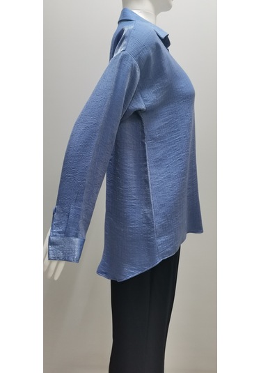 Kadın Uzun Kollu Salaş Kesim Parlak Simli Pamuk Gömlek Mavi