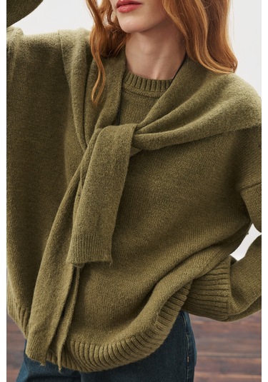 Kare Yaka Bağlamalı Triko Atkı Koyu Yeşil Koyu Yeşil