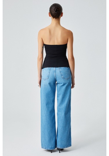 ORIANA Kadın Slim Fit Straplez Siyah Bluz