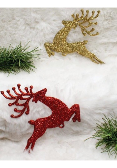 8 Cm 2'li Kırmızı Gold Simli Geyik Model Yılbaşı Ağaç Süsü Dekoratif Set
