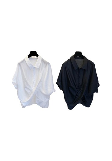 Beyaz Kadın Yaz Yaka Gömlek Tops Batwing Kısa Kollu Çapraz Düzensiz Tasarım Tek Göğüslü Casual Tops Streetweed Beyaz