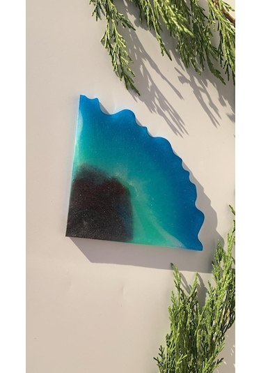 Deniz Mavi Yeşil Siyah Simli Üçgen Dalgalı Epoksi Bardak Altlığı Mavi - Yeşil