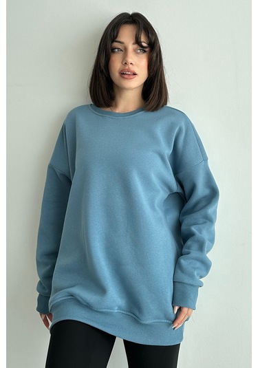 Kadın Mavi Bisiklet Yaka Oversize Sweatshirt Mavi