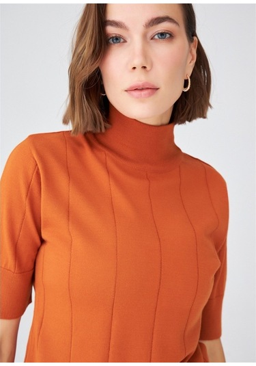 Peraluna Balıkçı Yaka Kısa Kollu İnce Basic Kadın Triko Bluz-Turuncu