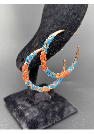 Çelik Yuvarlak Halka Mavi Turuncu Örgü Model Günlük Abiye Rose Gold Küpe