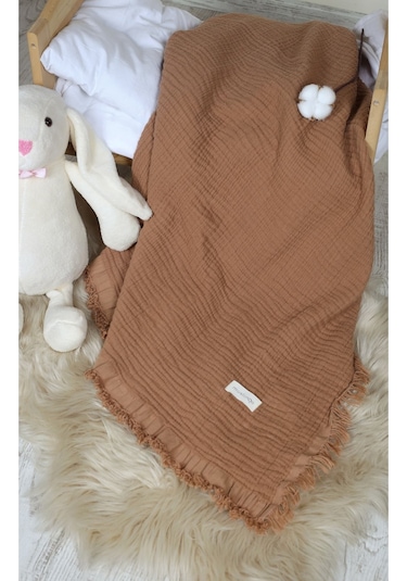Müslin Püsküllü 4 Katlı Müslin Battaniye 90x120 Cm - Ze4katlı Kahverengi
