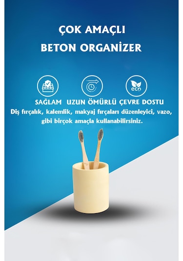 Beton Silindir Organizer Diş Fırçalık, Kalemlik, Makyaj Fırçalık Çok Amaçlı Düzenleyici Sarı