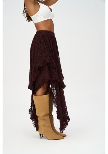 Mireya Asimetrik Bordo Dantel Etek Bordo