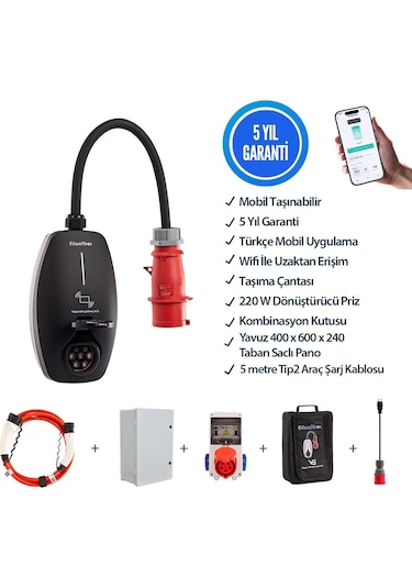 22KwEvwallboxV3 PlastikPano Tekli Kombinasyon 5mt Tp2Kablo