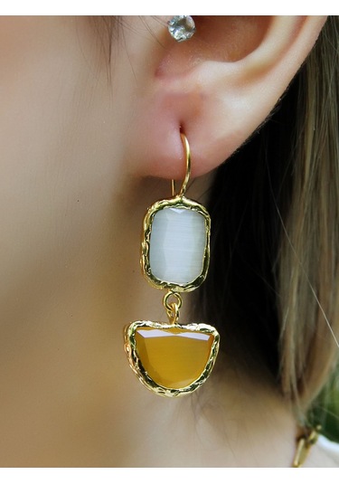 İkili Model Kedigözü Cam Sallantılı Kadın Küpe Euku26s Sarı