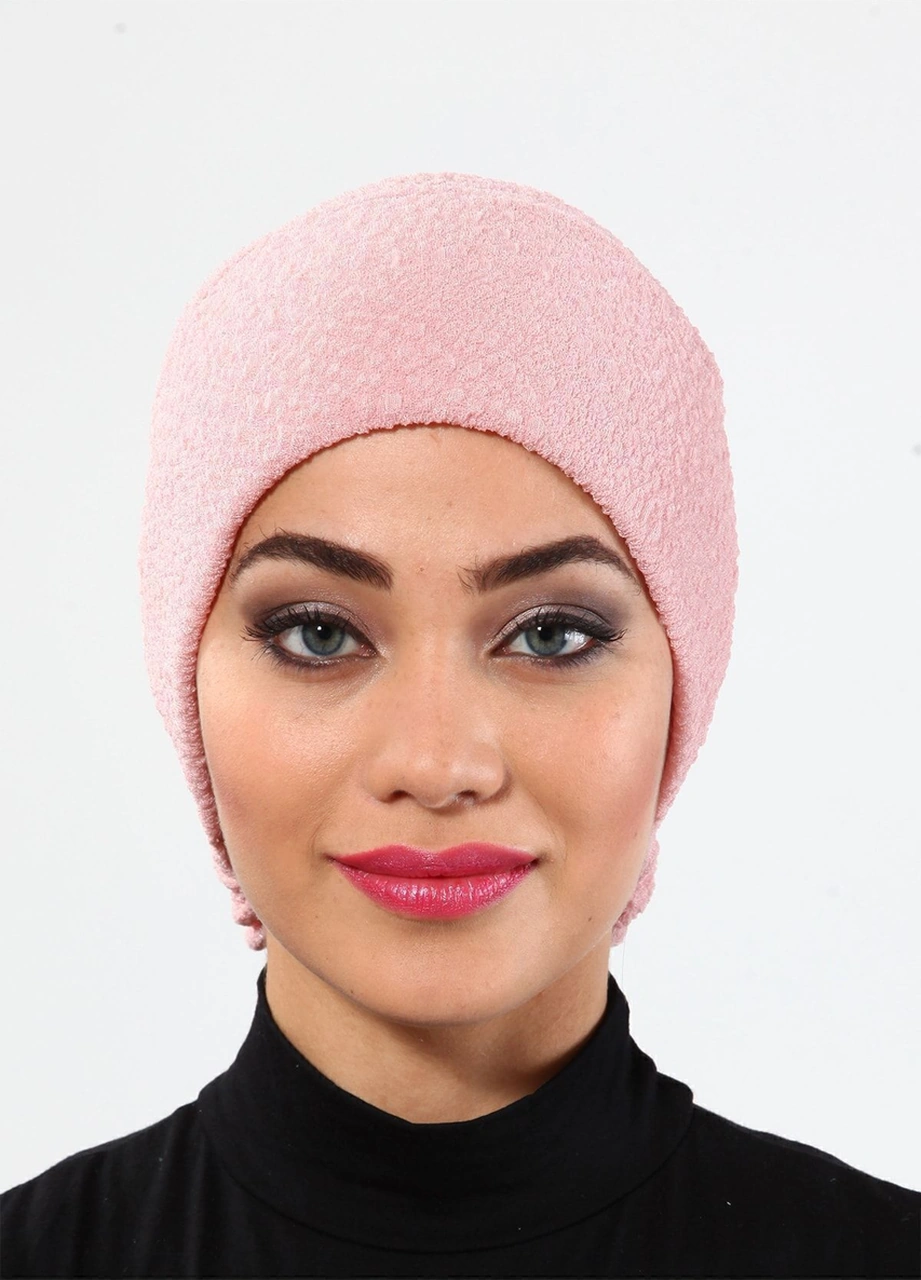 Topuzlu Brokar Pudra Hazır Türban Tesettür Bone Pudra