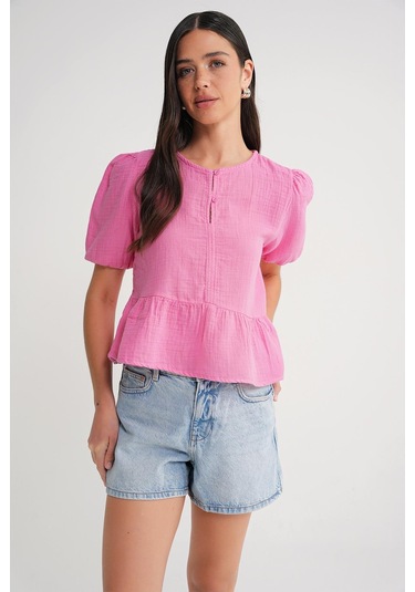 4713 Kadın Beli Büzgülü Kolu Lastikli Bol Müslin Bluz Pembe Pembe
