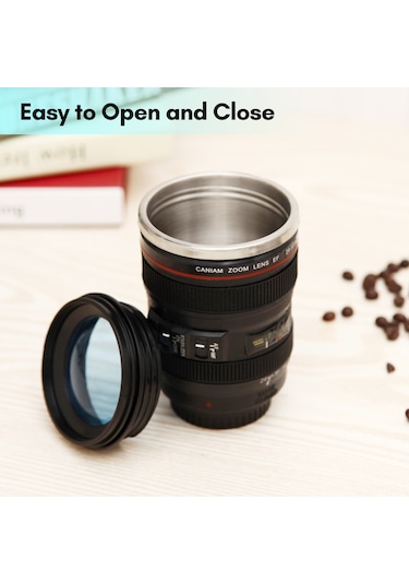 Yuntech01 Kameramanlar İçin 400ml Paslanmaz Çelik Termos Kupa - Ef24-105mm Lens Desenli, Düşük Sızıntı, Kahve/çay İçin Siyah Beyaz