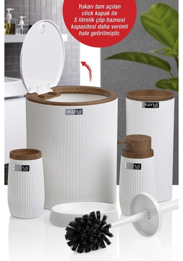 Okyanus Home Beyaz Ahşap Çizgili Yuvarlak 5'Li Banyo Seti