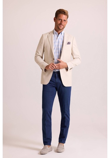 Erkek Bej Regular Fit Mono Yaka Keten Ceket 001