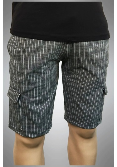 Kargo Cepli Pamuklu Erkek Şort Füme Çizgili