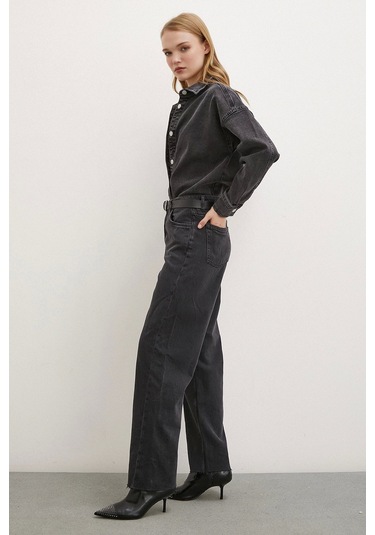 Never More Yüksek Bel Kesik Paça Mom Jean Siyah Siyah