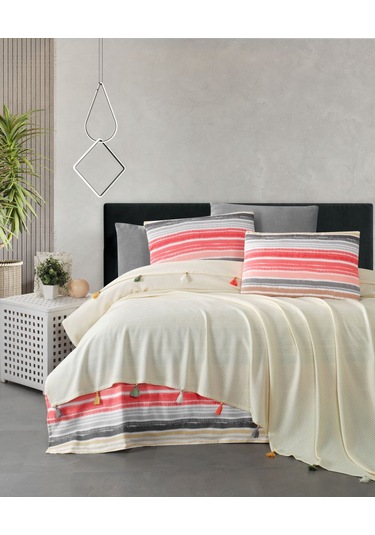 Valeria Tassel Krem Renkli Çift Kişilik Püsküllü Pike Takımı