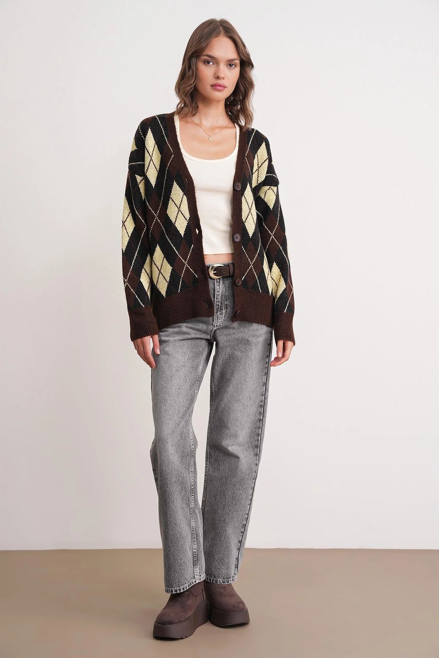 Mixray 6937 Kadın Baklava Desenli Oversize Triko Hırka Kahve