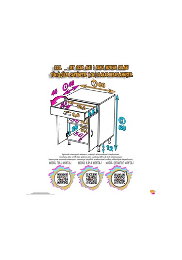 Modilayn Qplas Xxxl Set Ocak Altı Dolap 80x88x48 Cm Çekmeceli, Kapaklı 2 Göz Raf Bölmeli Beyaz