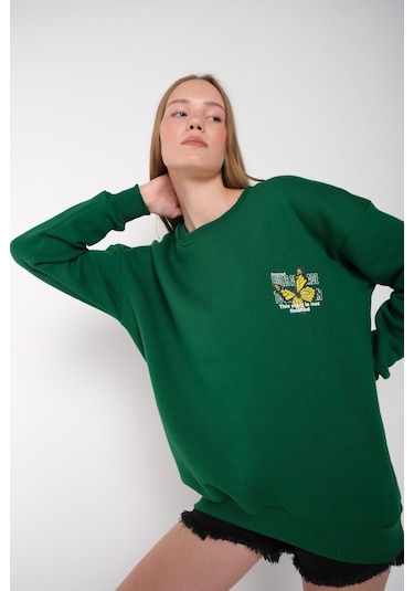 Modagen Kadın Yeşil Kelebek Baskılı Bisiklet Yaka Oversize Sweatshirt Yeşil
