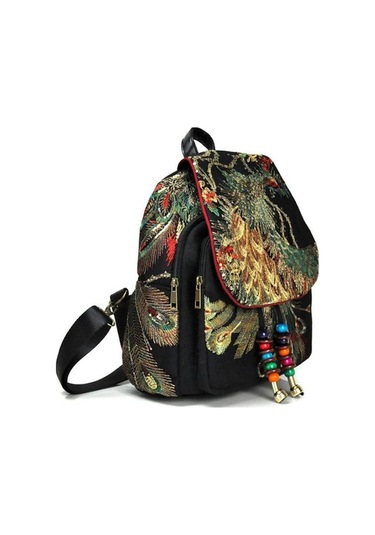 Luckydog Moda Mavi Sırt Çantası Kadın Nakış Tavuskuşu Büyük Kapasiteli Seyahat Çantası Mavi