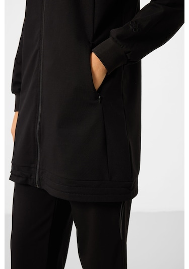 Siyah Dik Yaka Fermuarlı Pamuklu Kadın Eşofman Tunik Takım - 95346 Siyah