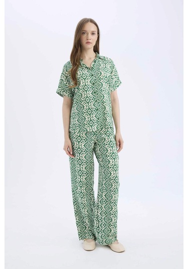 Defacto Regular Fit Desenli Kısa Kollu Gömlek C9621ax25spgn751 Yeşil