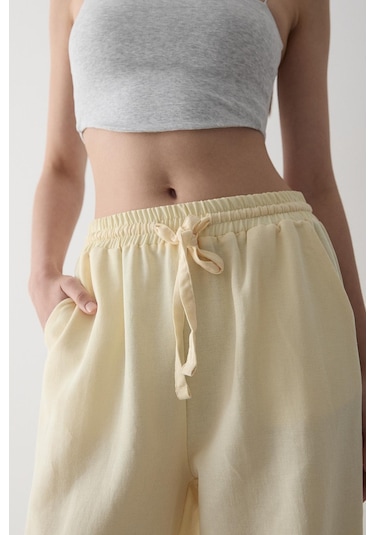 Sarı Beli Lastikli Bol Paça Pantolon Sarı