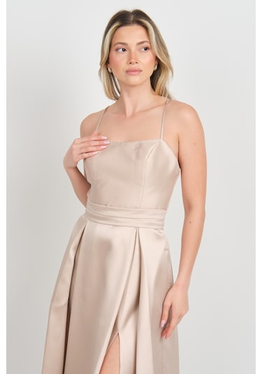 Doridorca Kadın İp Askılı Sırttan Bağlamalı Tafta Kumaş Abiye Elbise 7078 Bej Bej