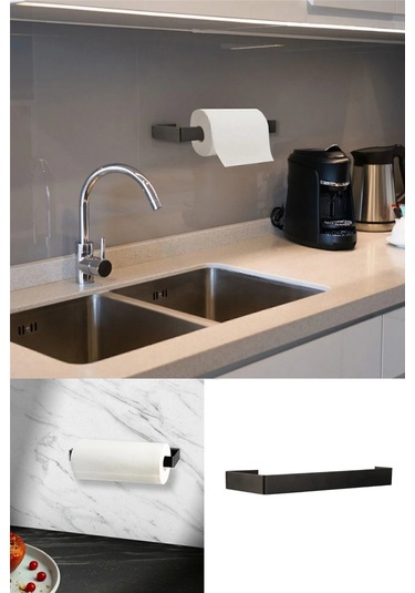 Metal Siyah Model Yapışkanlı Vidalı Uzun Havlu Kağıt Asacağı Peçetelik Diğer