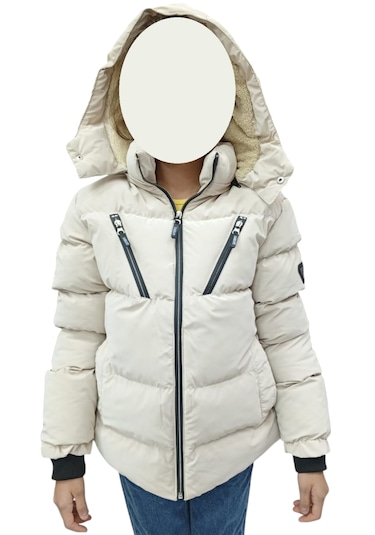 Kız Çocuk /erkek Çocuk Çapraz Fermuar Model Kapüşonu Çıkabilen İçi Peluş Astarlı Bej Renk Mont Bej