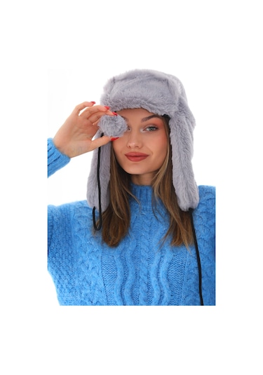 Kadın Gri Kürklü Kulaklıklı Peluş Şapka Gri