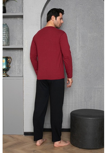 Yuvarlak Yaka %100 Pamuk Regular Kalıp Erkek Pijama Takımı 983 Bordo