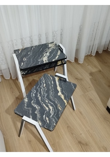 Zigon Sehpa 3'lü Mermer Desenli Tepsi Model Siyah-sarı Mermer Anrasit Ayak Siyah Sarı Mermer